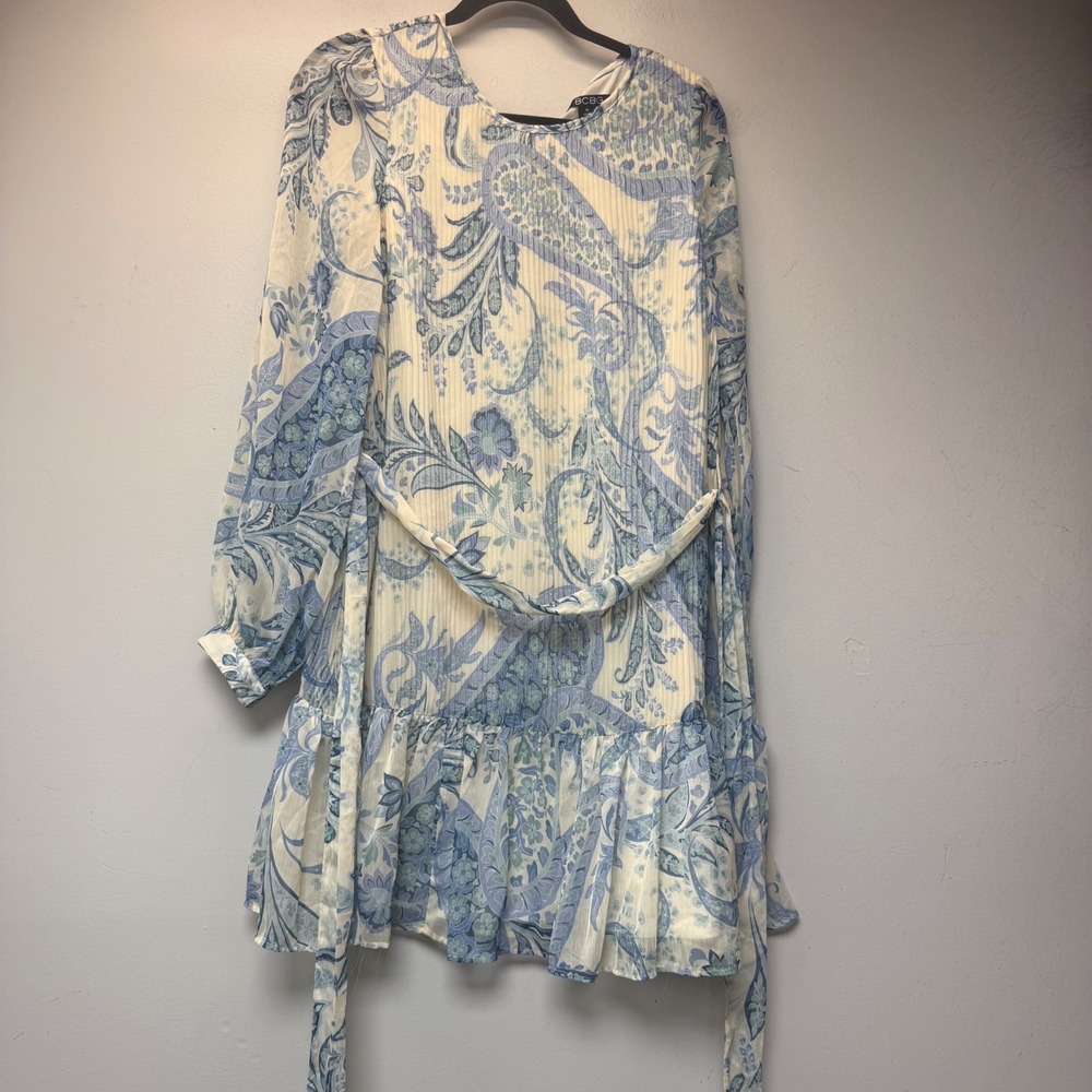 BCBG Paisley Mini Dress Womens 10 Blue Cream Excellent Pleated Ruffle Long